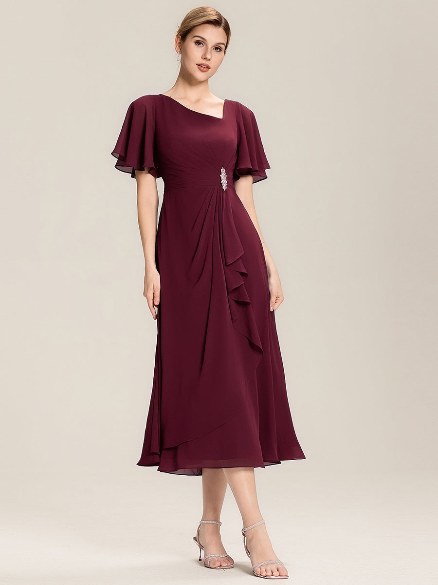 Rhinestone Embellished Chiffon Ruffle Sleeve Mother of the Bride Dress