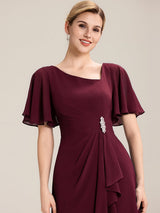 Rhinestone Embellished Chiffon Ruffle Sleeve Mother of the Bride Dress