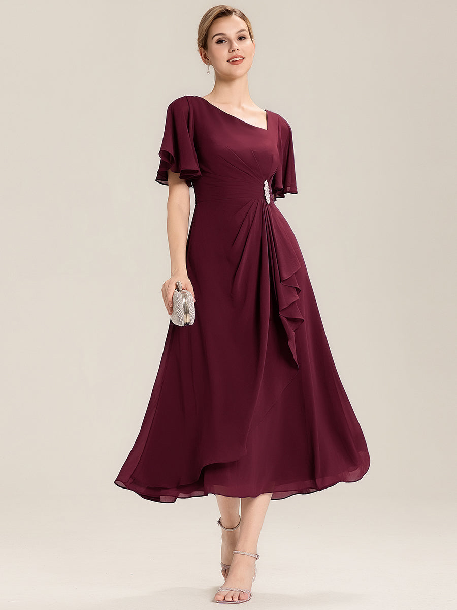 Rhinestone Embellished Chiffon Ruffle Sleeve Mother of the Bride Dress