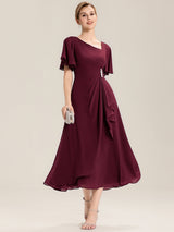 Rhinestone Embellished Chiffon Ruffle Sleeve Mother of the Bride Dress