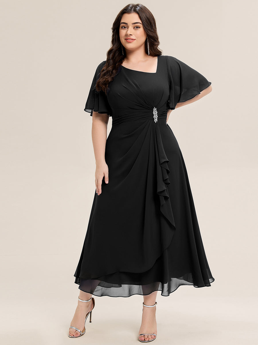 Rhinestone Embellished Chiffon Ruffle Sleeve Wedding Guest Dress