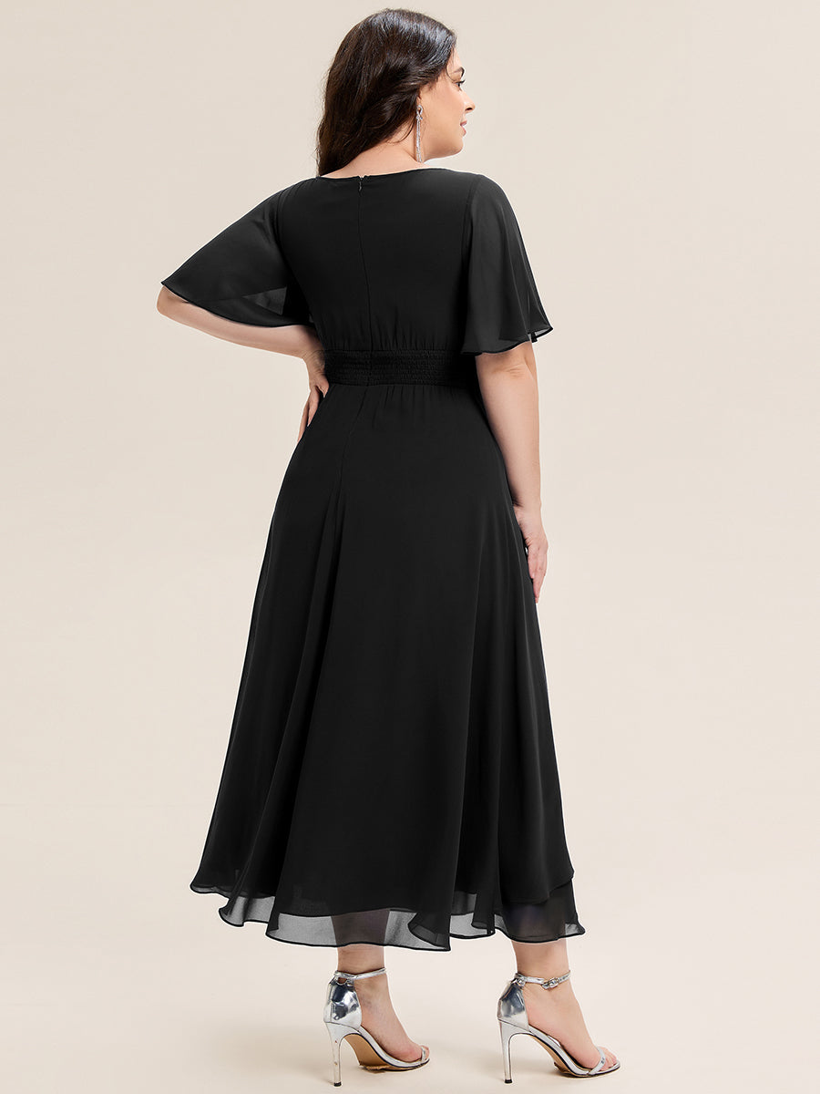 Rhinestone Embellished Chiffon Ruffle Sleeve Wedding Guest Dress