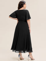 Rhinestone Embellished Chiffon Ruffle Sleeve Evening Dress