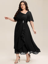 Rhinestone Embellished Chiffon Ruffle Sleeve Wedding Guest Dress