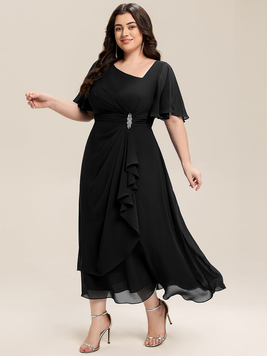 Rhinestone Embellished Chiffon Ruffle Sleeve Evening Dress