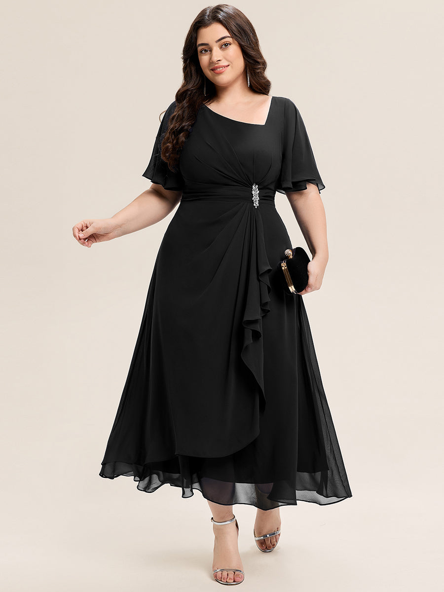 Rhinestone Embellished Chiffon Ruffle Sleeve Wedding Guest Dress