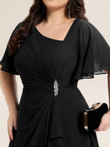 Rhinestone Embellished Chiffon Ruffle Sleeve Evening Dress