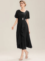 Rhinestone Embellished Chiffon Ruffle Sleeve Mother of the Bride Dress