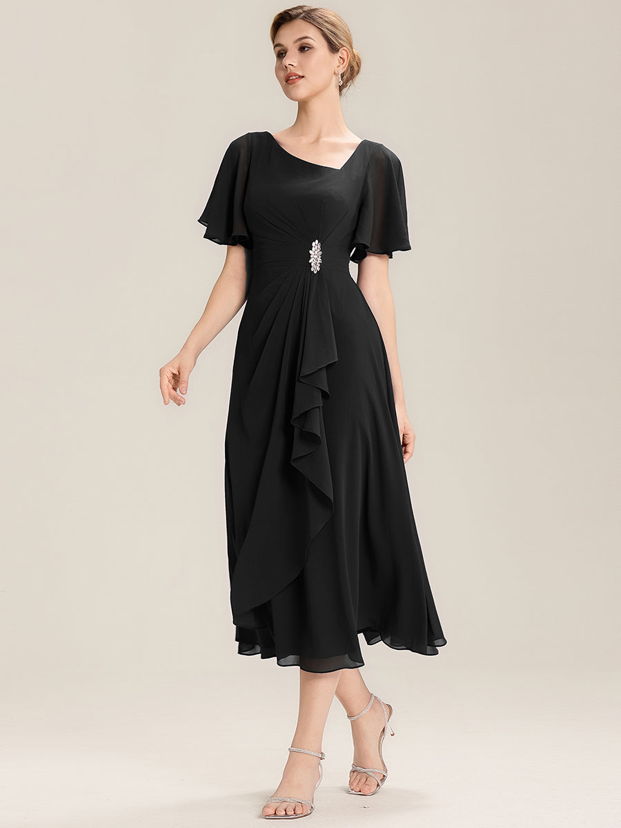 Rhinestone Embellished Chiffon Ruffle Sleeve Evening Dress