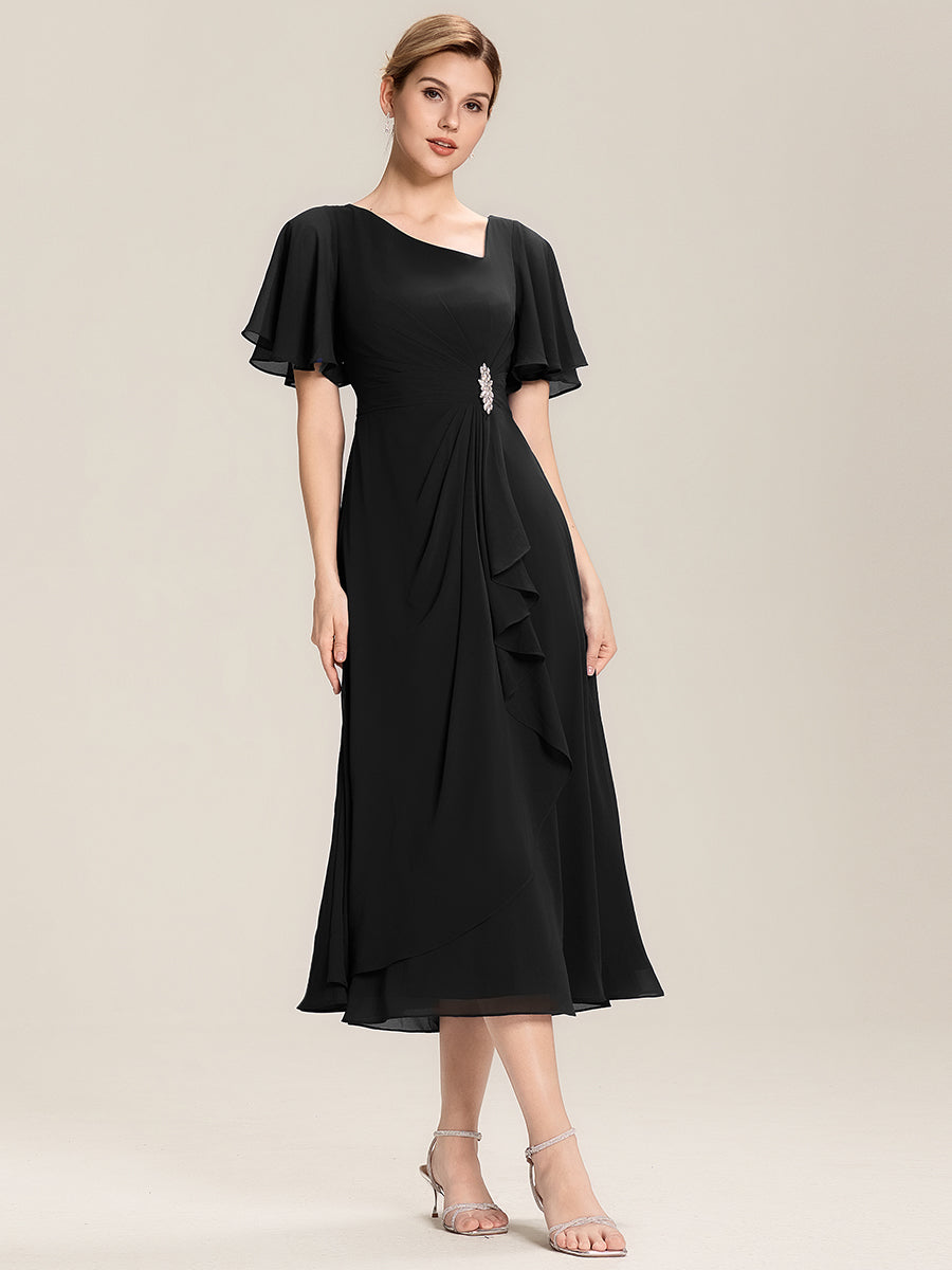 Rhinestone Embellished Chiffon Ruffle Sleeve Wedding Guest Dress