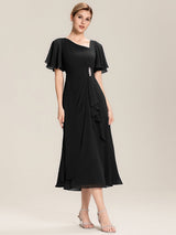 Rhinestone Embellished Chiffon Ruffle Sleeve Mother of the Bride Dress