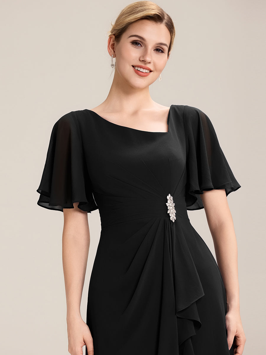 Rhinestone Embellished Chiffon Ruffle Sleeve Wedding Guest Dress