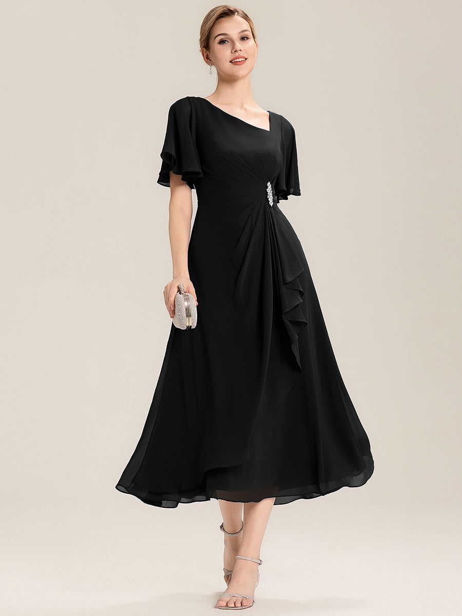 Rhinestone Embellished Chiffon Ruffle Sleeve Evening Dress