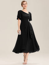 Rhinestone Embellished Chiffon Ruffle Sleeve Evening Dress