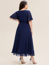 Rhinestone Embellished Chiffon Ruffle Sleeve Wedding Guest Dress