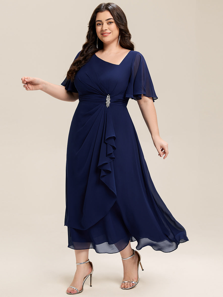 Rhinestone Embellished Chiffon Ruffle Sleeve Wedding Guest Dress