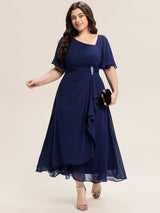 Rhinestone Embellished Chiffon Ruffle Sleeve Evening Dress