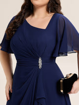 Rhinestone Embellished Chiffon Ruffle Sleeve Wedding Guest Dress
