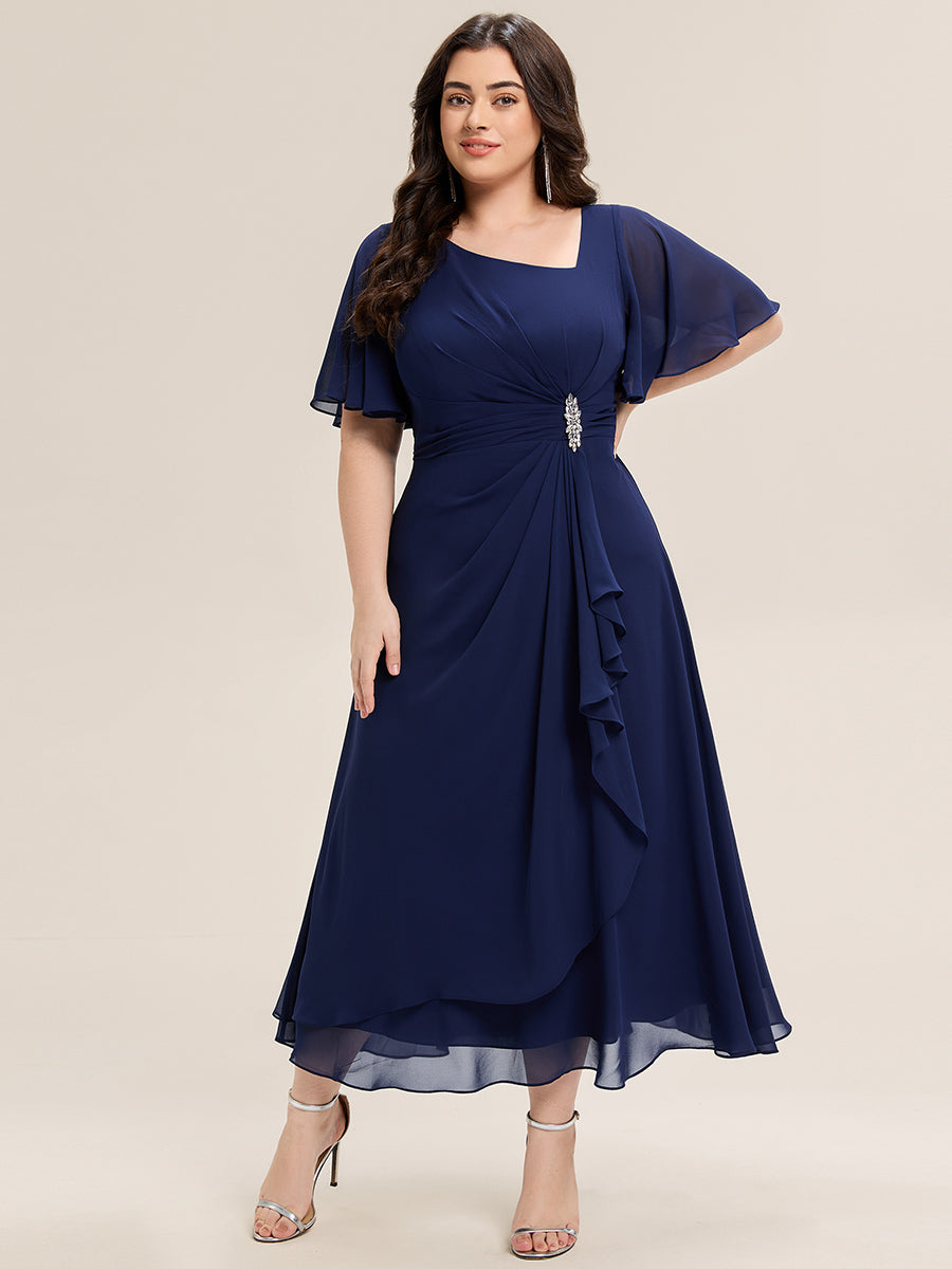 Rhinestone Embellished Chiffon Ruffle Sleeve Mother of the Bride Dress