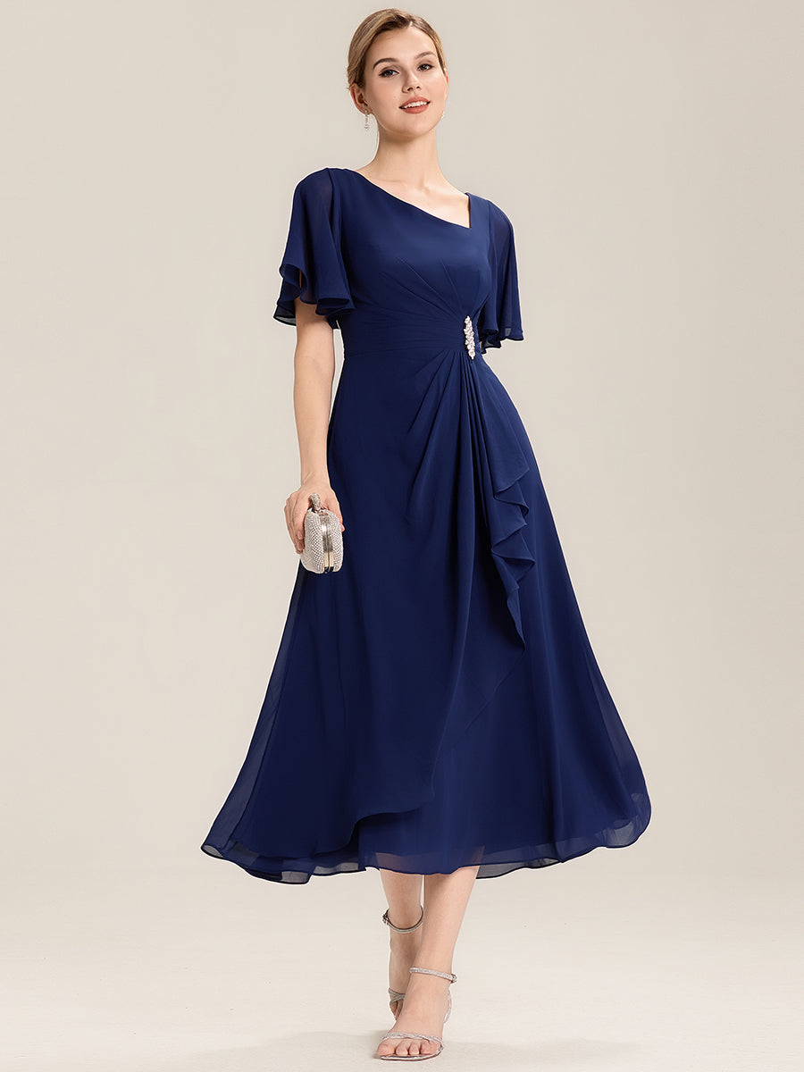 Rhinestone Embellished Chiffon Ruffle Sleeve Wedding Guest Dress