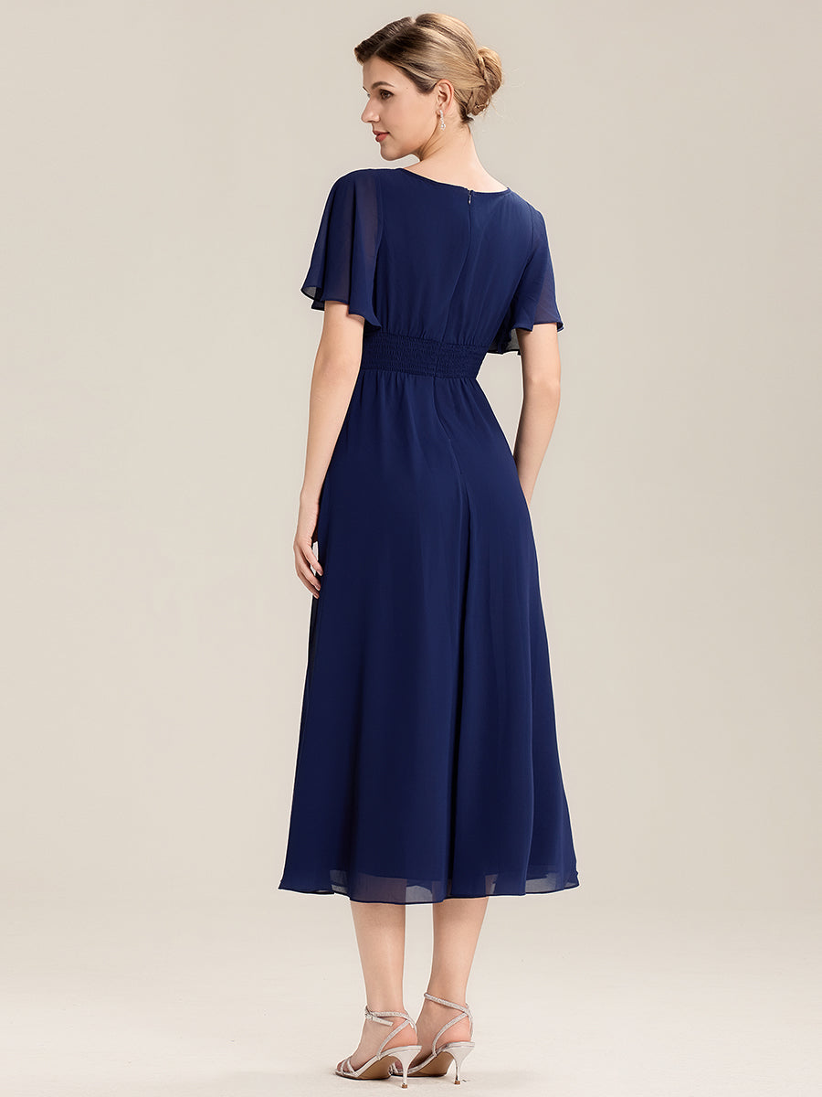 Rhinestone Embellished Chiffon Ruffle Sleeve Evening Dress