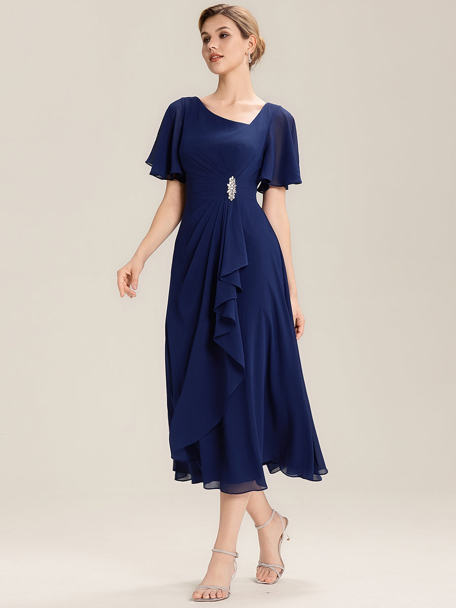 Rhinestone Embellished Chiffon Ruffle Sleeve Evening Dress