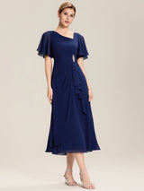 Rhinestone Embellished Chiffon Ruffle Sleeve Mother of the Bride Dress