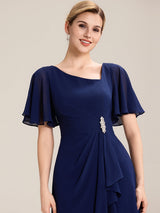 Rhinestone Embellished Chiffon Ruffle Sleeve Wedding Guest Dress