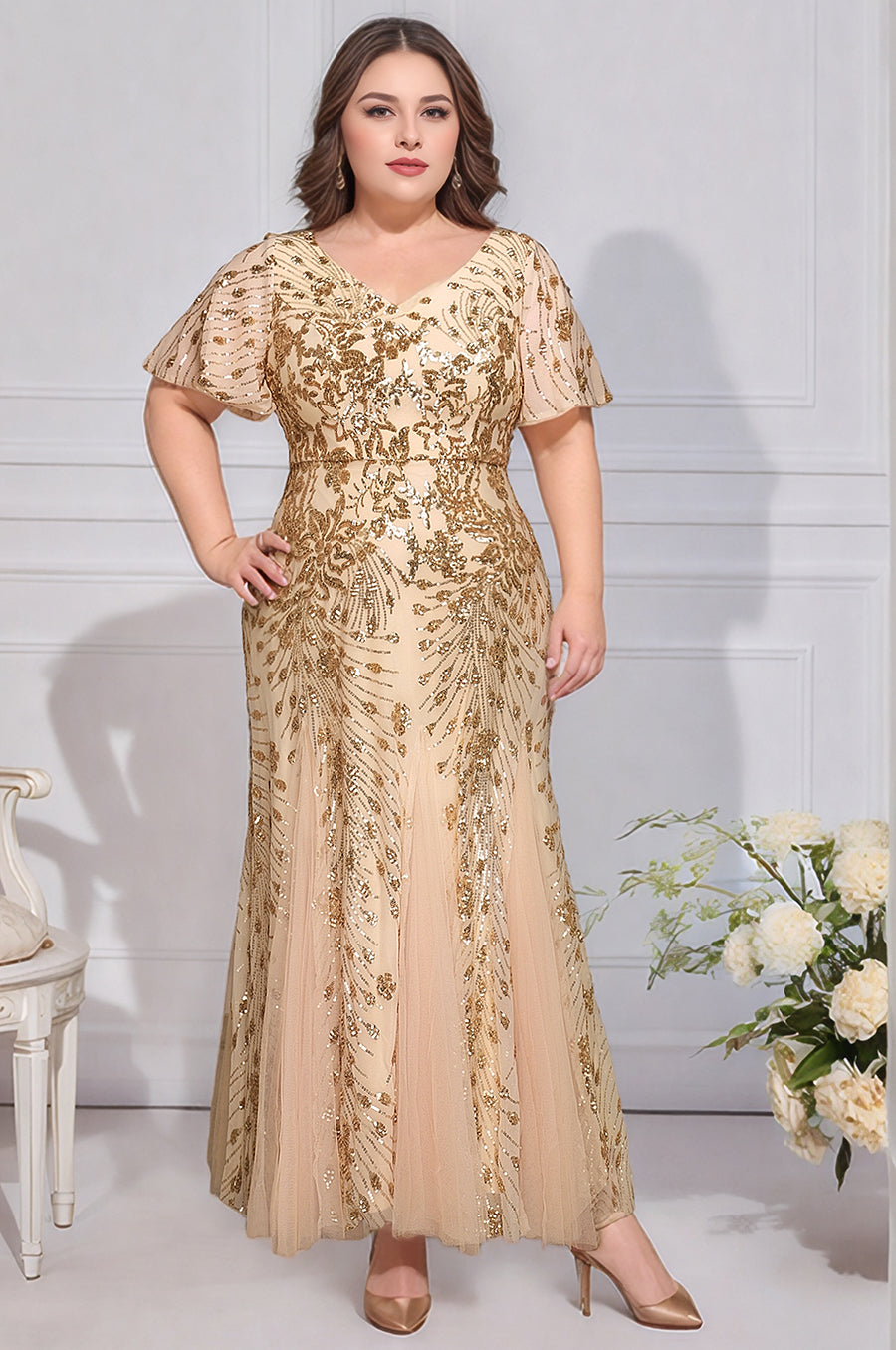 Embroidered Sequin Ruffle Sleeve Evening Dress