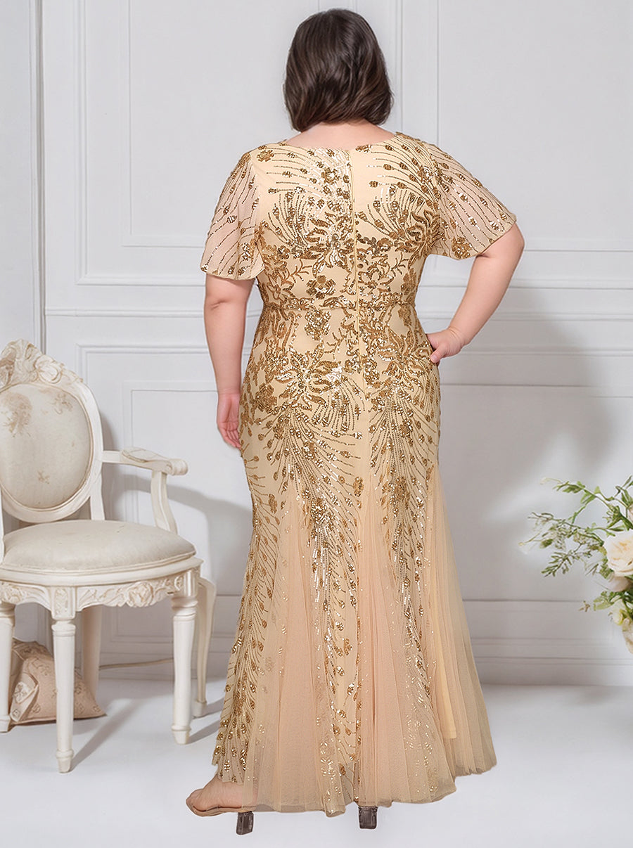 Embroidered Sequin Ruffle Sleeve Evening Dress