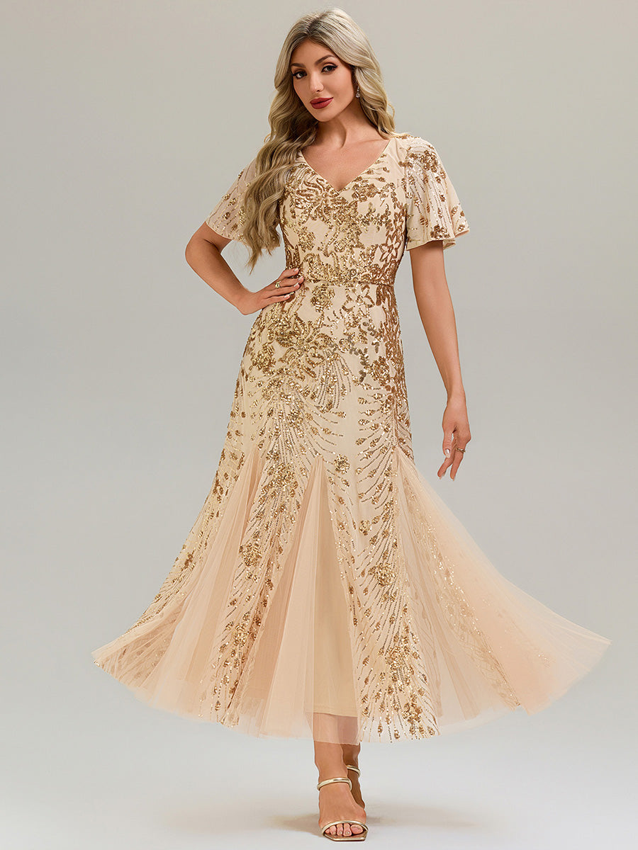 Embroidered Sequin Ruffle Sleeve Evening Dress