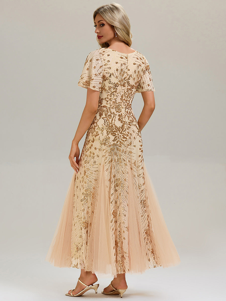 Embroidered Sequin Ruffle Sleeve Evening Dress