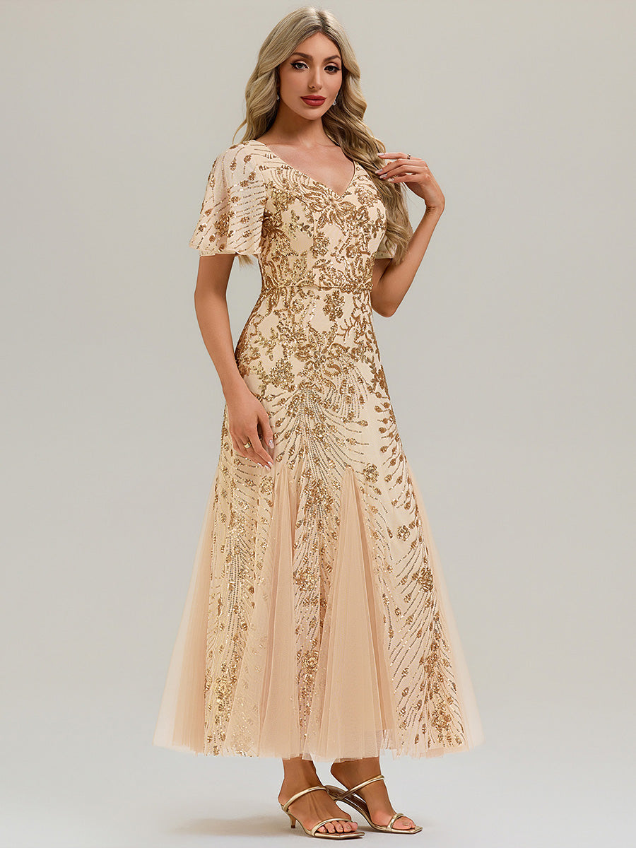 Embroidered Sequin Ruffle Sleeve Evening Dress