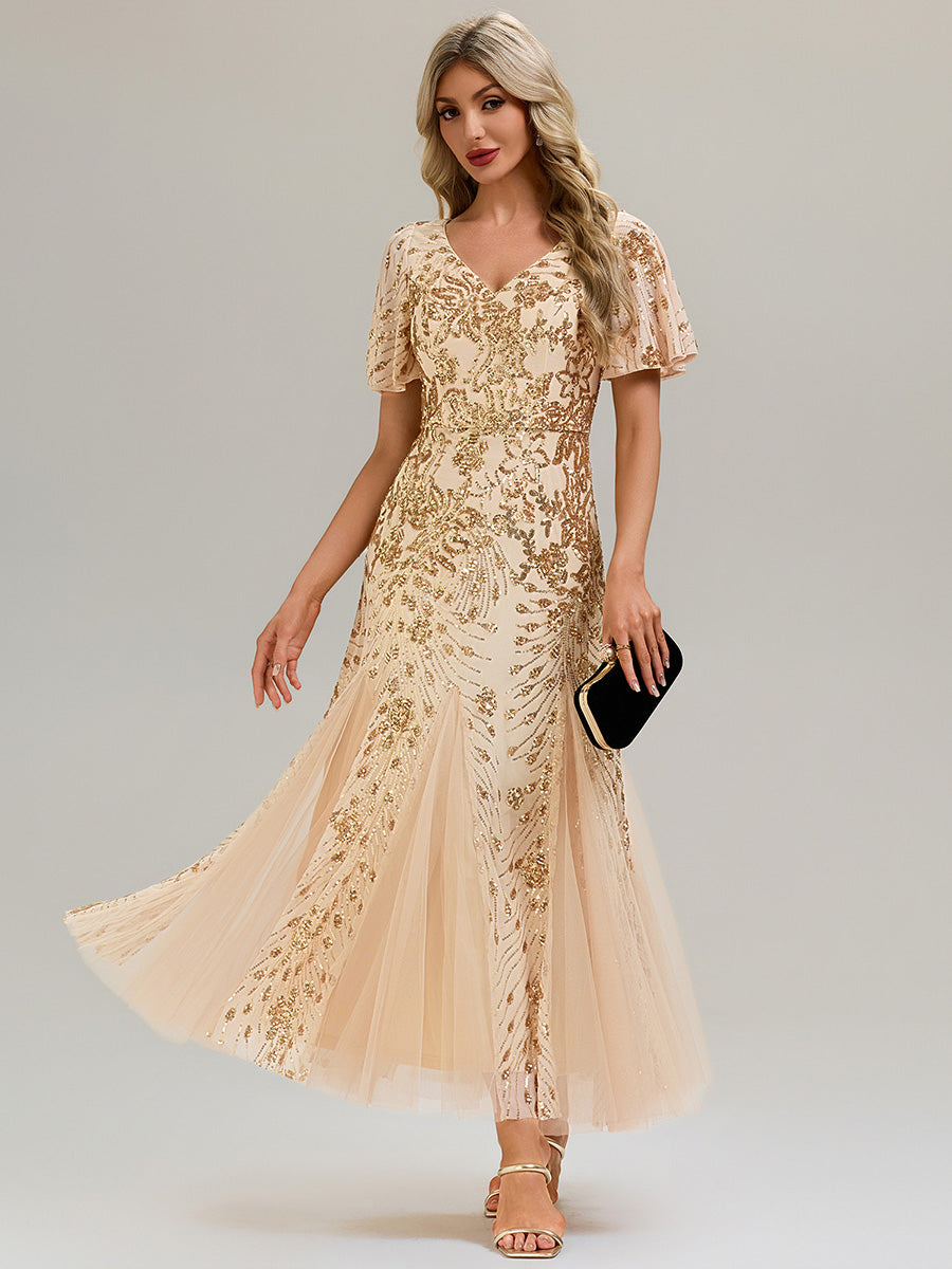 Embroidered Sequin Ruffle Sleeve Evening Dress