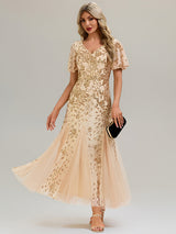 Embroidered Sequin Ruffle Sleeve Evening Dress