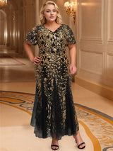 Embroidered Sequin Ruffle Sleeve Evening Dress