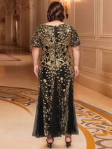 Embroidered Sequin Ruffle Sleeve Evening Dress