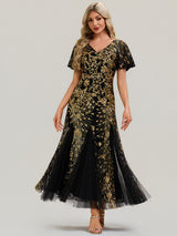 Embroidered Sequin Ruffle Sleeve Evening Dress