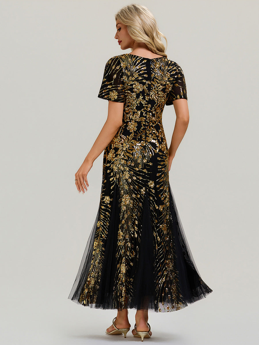 Embroidered Sequin Ruffle Sleeve Evening Dress