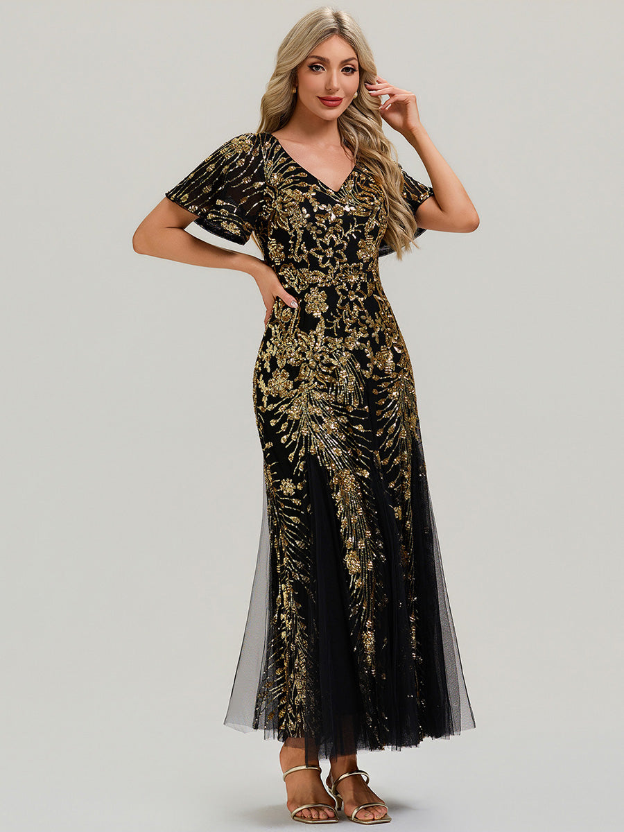 Embroidered Sequin Ruffle Sleeve Evening Dress