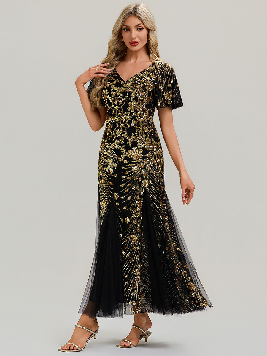 Embroidered Sequin Ruffle Sleeve Evening Dress