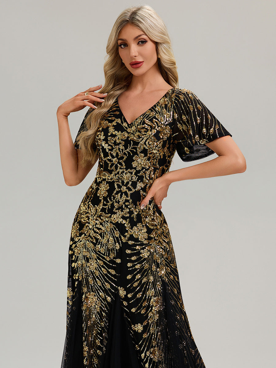 Embroidered Sequin Ruffle Sleeve Evening Dress