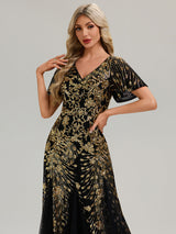 Embroidered Sequin Ruffle Sleeve Evening Dress