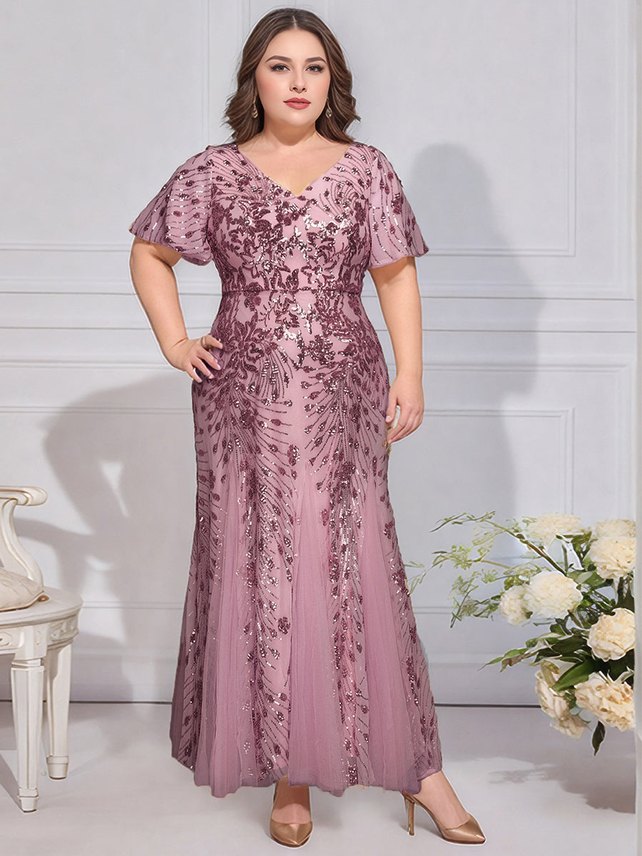 Embroidered Sequin Ruffle Sleeve Evening Dress