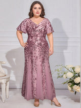 Embroidered Sequin Ruffle Sleeve Evening Dress