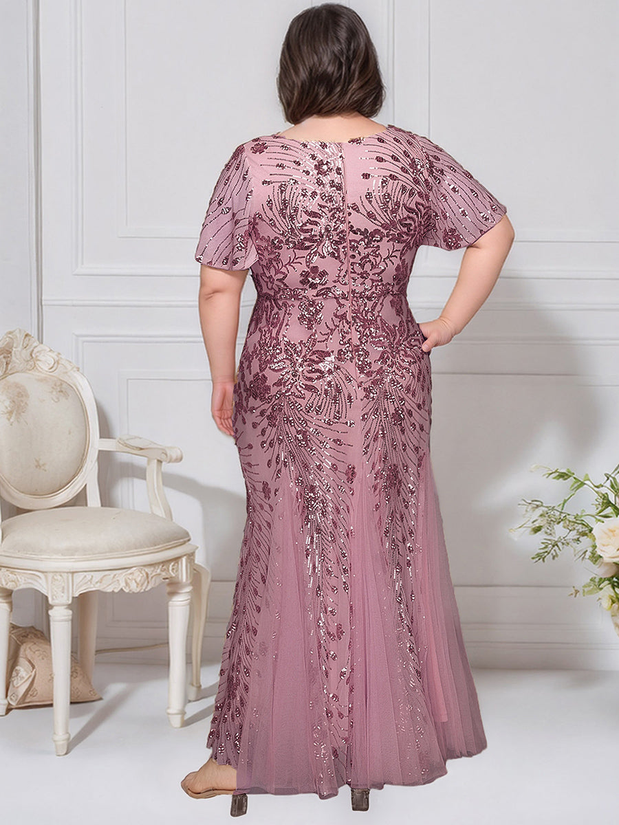 Embroidered Sequin Ruffle Sleeve Evening Dress