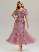 Embroidered Sequin Ruffle Sleeve Evening Dress