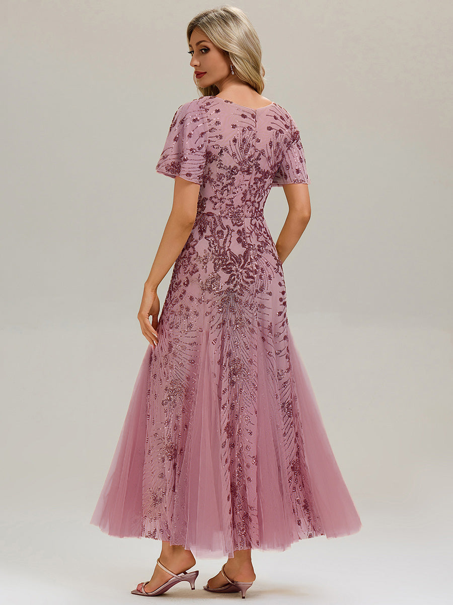 Embroidered Sequin Ruffle Sleeve Evening Dress