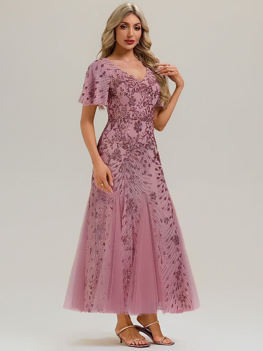 Embroidered Sequin Ruffle Sleeve Evening Dress