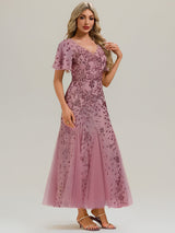 Embroidered Sequin Ruffle Sleeve Evening Dress